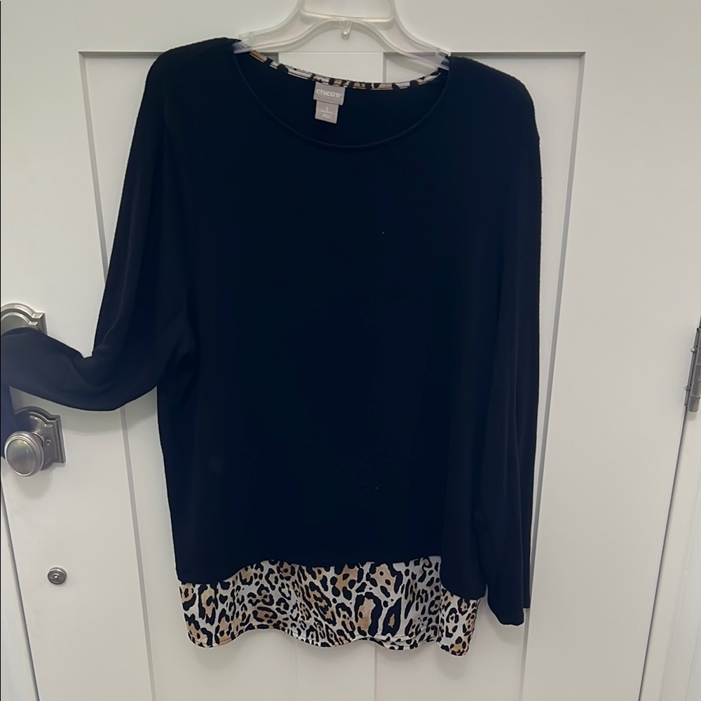Chico's Black Long Sleeve Boxy Blouse with Leopard Accent